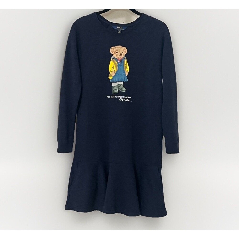 Polo Ralph Lauren Sweatshirt Dress Navy Blue Polo Bear Girls XL(16) Pockets